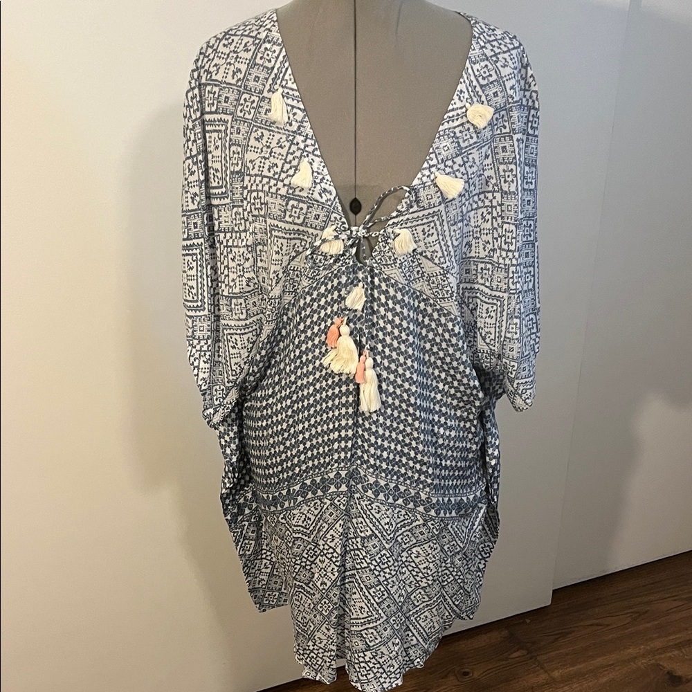 Bohemian Blue and White Kaftan with Tassels